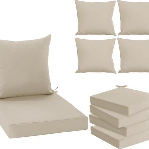 Outdoor Chair Cushions Set of 4, Waterproof Backrest and Deep Seat Cushion Set for Patio Furniture, Outdoor Sofa Replacement Cushions with Removable Cover, 24 x 24 Inch, Cream