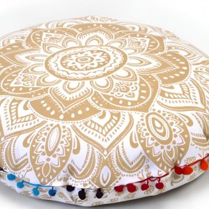 22" Floor Pillows Cover for Sitting, Large Meditation Cushions Cover for Adults, Round Pouf Seating Ottoman Cover for Outdoor Yoga and Living Room (White Gold Flower)