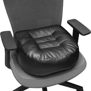 Leather Seat Cushion Extra-Thick Booster for Office Chair to Rise Height - Full Filling for Support - with Breathable Cover, Handle and Buckle - Relieves Back Pain – 18"x16"x6" (Black)